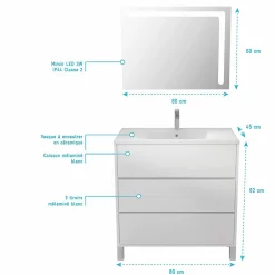 Aurlane Ensemble Meuble de salle de bain blanc 80 cm sur pied 3 tiroirs + vasque ceramique blanche + miroir* Ensemble Meuble De Salle De Bains