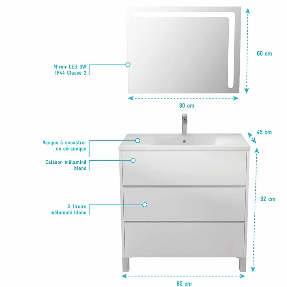 Aurlane Ensemble Meuble de salle de bain blanc 80 cm sur pied 3 tiroirs + vasque ceramique blanche + miroir* Ensemble Meuble De Salle De Bains