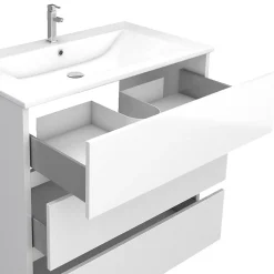 Aurlane Ensemble Meuble de salle de bain blanc 80 cm sur pied 3 tiroirs + vasque ceramique blanche + miroir* Ensemble Meuble De Salle De Bains