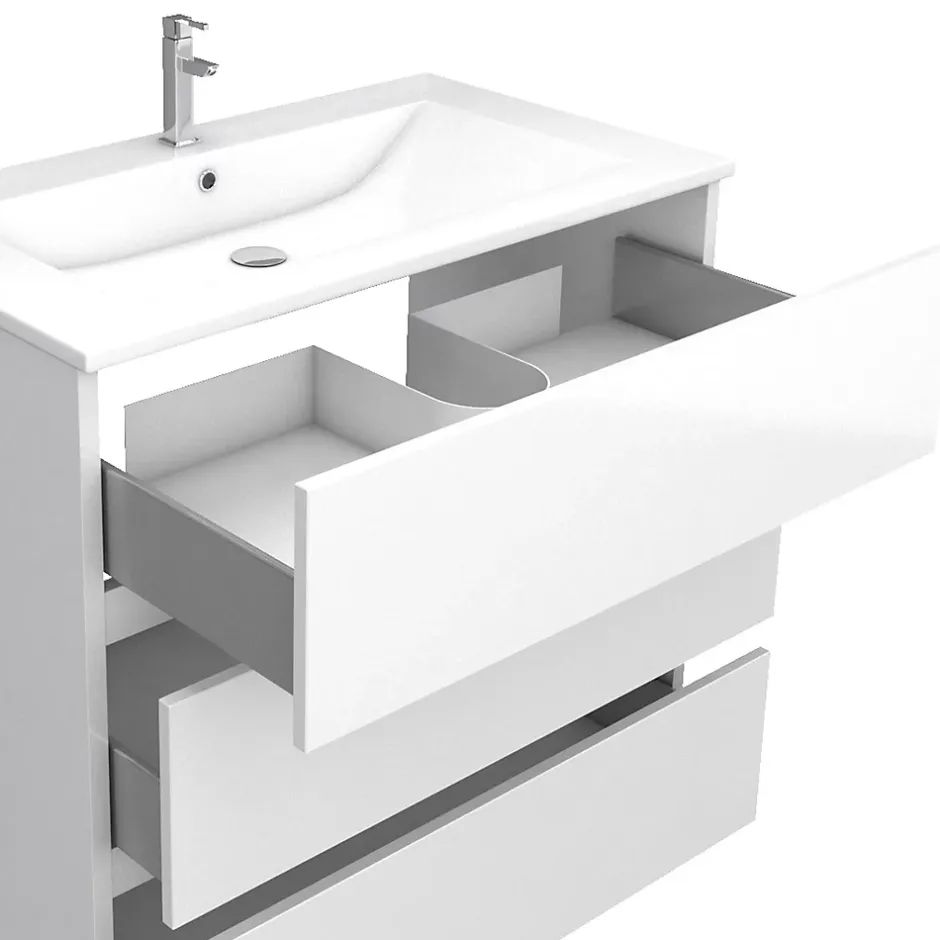 Aurlane Ensemble Meuble de salle de bain blanc 80 cm sur pied 3 tiroirs + vasque ceramique blanche + miroir* Ensemble Meuble De Salle De Bains