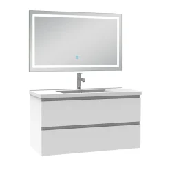 AICA Sanitaire Ensemble meuble de salle de bain avec tiroirs 100cm, vasque céramique et LED miroir, blanc* Ensemble Meuble De Salle De Bains