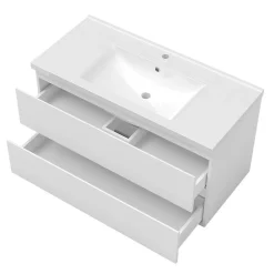 AICA Sanitaire Ensemble meuble de salle de bain avec tiroirs 100cm, vasque céramique et LED miroir, blanc* Ensemble Meuble De Salle De Bains