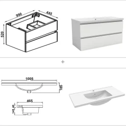 AICA Sanitaire Ensemble meuble de salle de bain avec tiroirs 100cm, vasque céramique et LED miroir, blanc* Ensemble Meuble De Salle De Bains