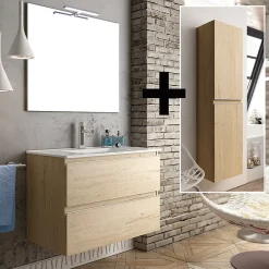 Cosyneo Ensemble meuble de salle de bain 80cm simple vasque + colonne de rangement - BALEA - bambou (chêne clair)* Ensemble Meuble De Salle De Bains
