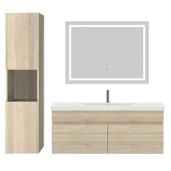 AICA Sanitaire Ensemble meuble de salle de bain 100cm, vasque céramique + colonne + LED miroir, chêne
