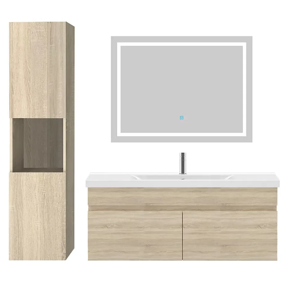 AICA Sanitaire Ensemble meuble de salle de bain 100cm, vasque céramique + colonne + LED miroir, chêne