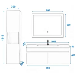 AICA Sanitaire Ensemble meuble de salle de bain 100cm, vasque céramique + colonne + LED miroir, chêne