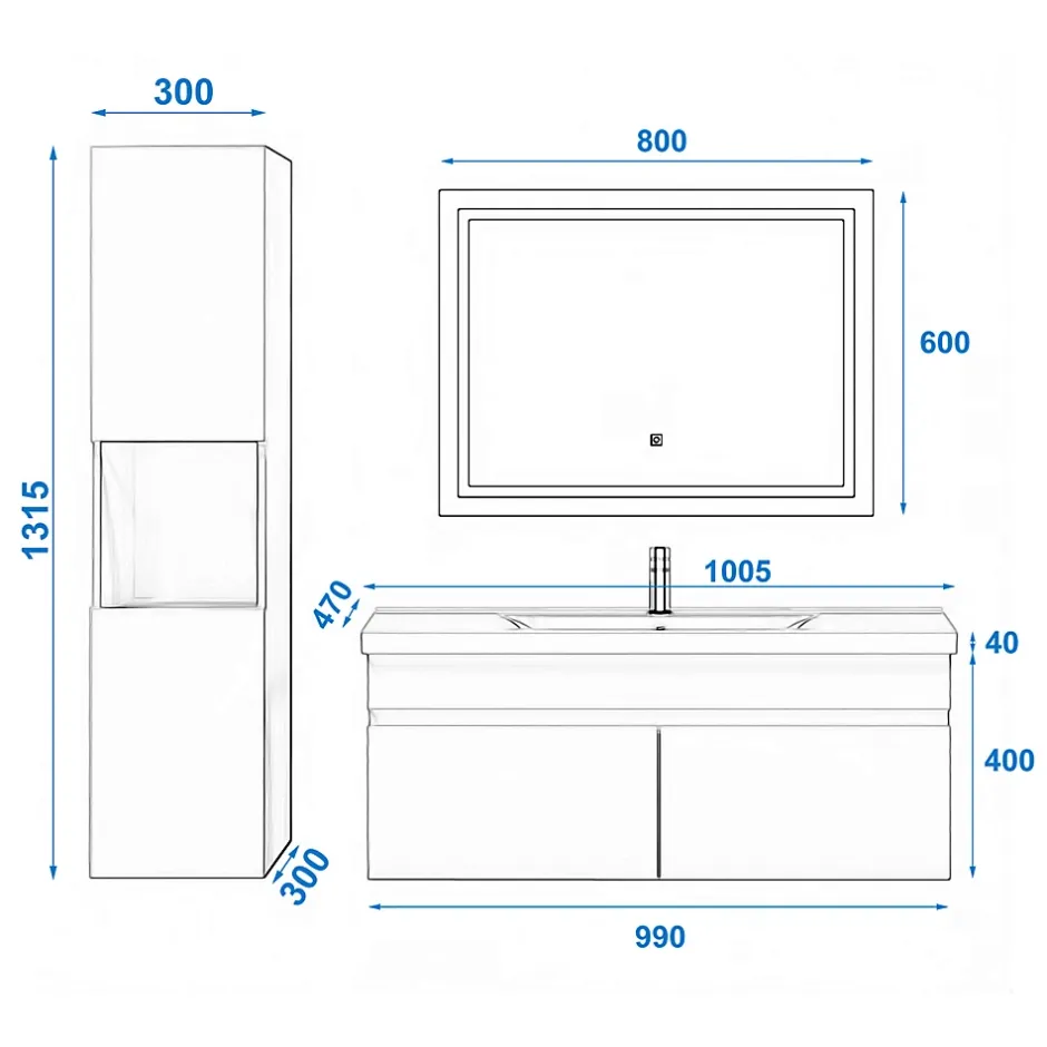AICA Sanitaire Ensemble meuble de salle de bain 100cm, vasque céramique + colonne + LED miroir, chêne