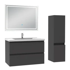 AICA Sanitaire Ensemble meuble de salle de bain 80cm, vasque céramique + colonne + LED miroir rectangulaire, anthracite* Ensemble Meuble De Salle De Bains
