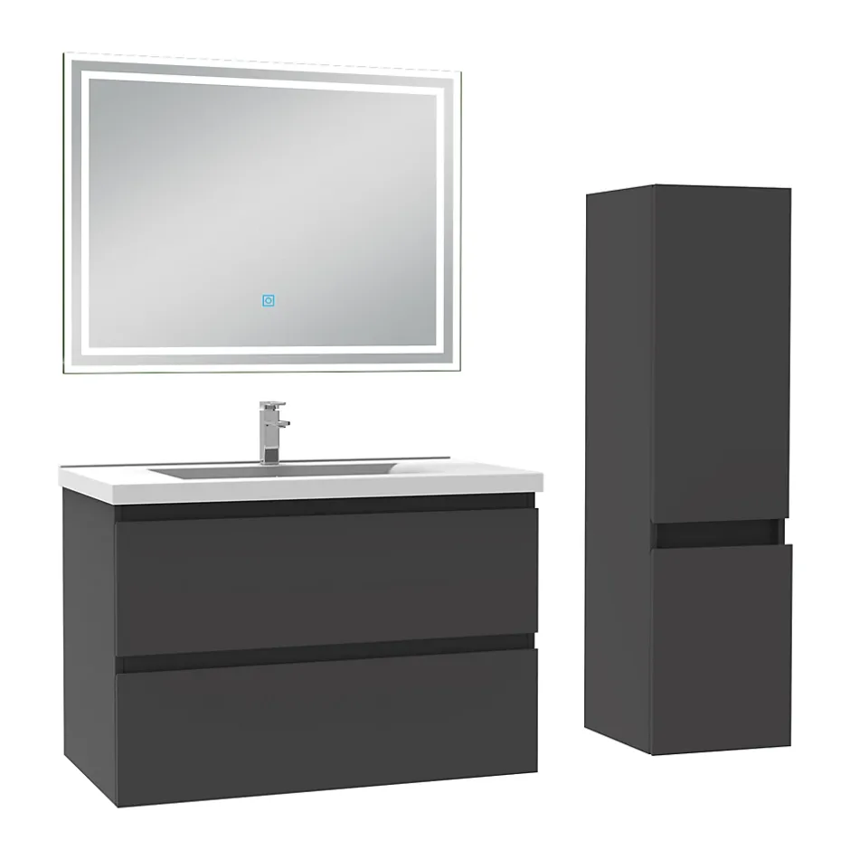 AICA Sanitaire Ensemble meuble de salle de bain 80cm, vasque céramique + colonne + LED miroir rectangulaire, anthracite* Ensemble Meuble De Salle De Bains