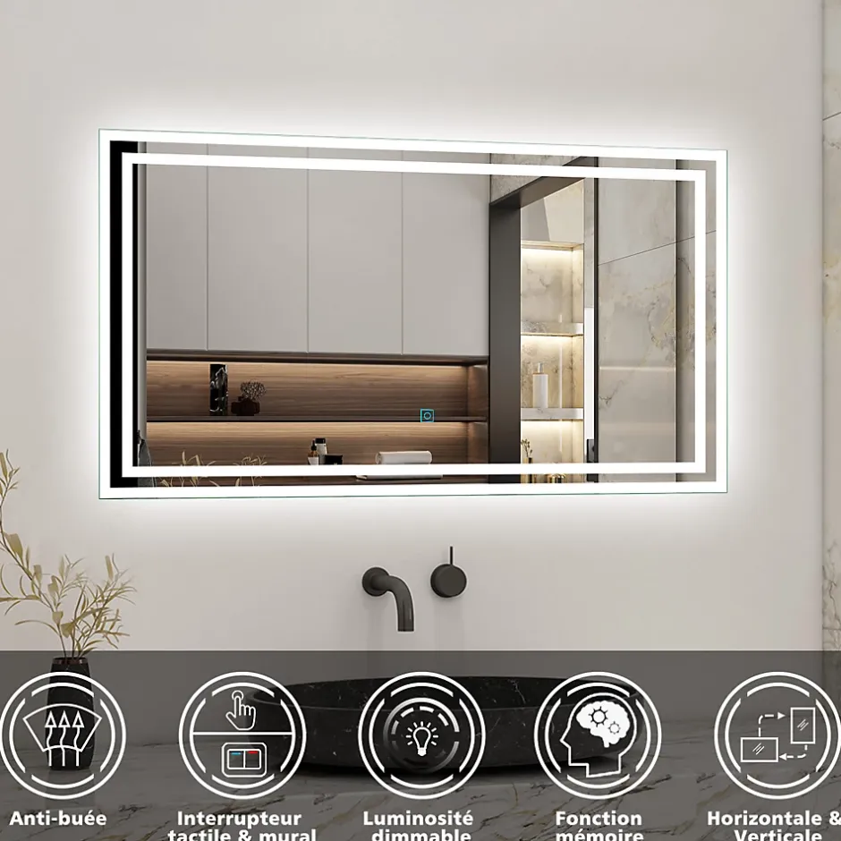 AICA Sanitaire Ensemble meuble de salle de bain 80cm, vasque céramique + colonne + LED miroir rectangulaire, anthracite* Ensemble Meuble De Salle De Bains