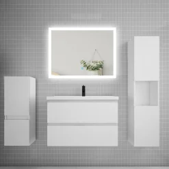 AICA Sanitaire Ensemble meuble de salle de bain 80cm, simple vasque + colonne + LED miroir rectangulaire,blanc