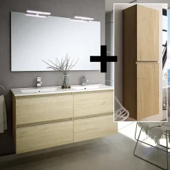 Cosyneo Ensemble meuble de salle de bain 140cm double vasque + colonne de rangement - BALEA - bambou (chêne clair)* Ensemble Meuble De Salle De Bains