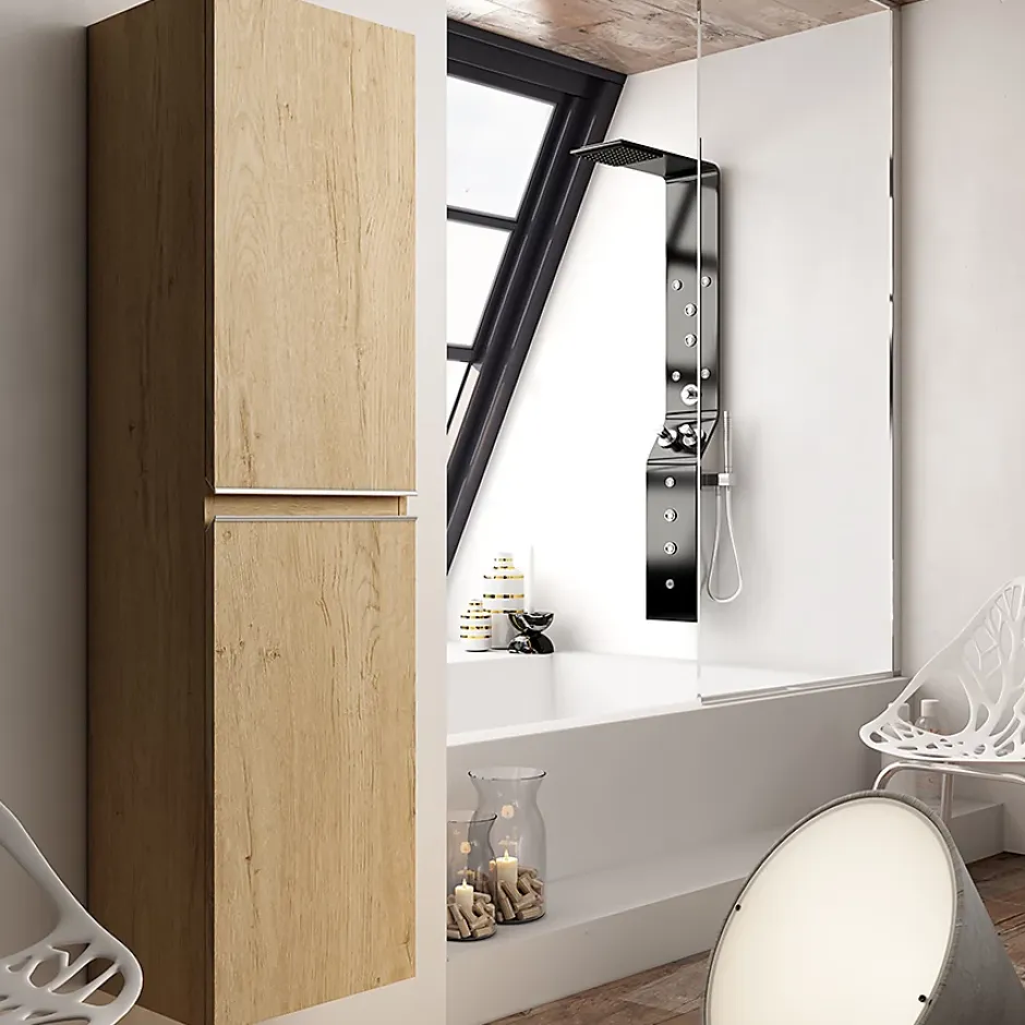 Cosyneo Ensemble meuble de salle de bain 140cm double vasque + colonne de rangement - BALEA - bambou (chêne clair)* Ensemble Meuble De Salle De Bains