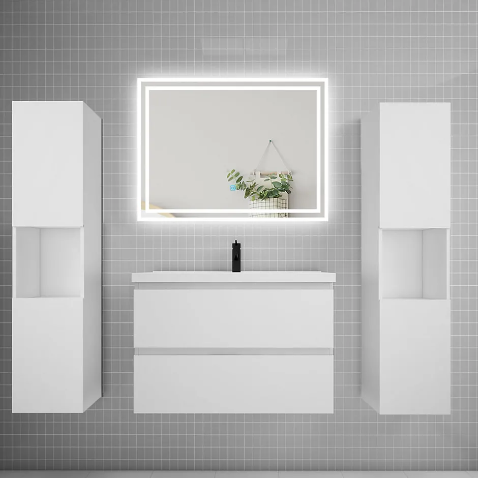 AICA Sanitaire Ensemble meuble de salle de bains 80cm, simple vasque + colonne + LED miroir mural,blanc