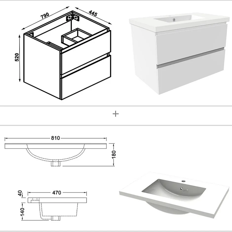 AICA Sanitaire Ensemble meuble de salle de bains 80cm, simple vasque + colonne + LED miroir mural,blanc
