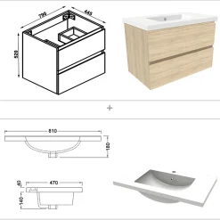 AICA Sanitaire Ensemble meuble de salle de bains 80cm, simple vasque + colonne + LED miroir rectangulaire,chêne* Ensemble Meuble De Salle De Bains