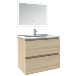 AICA Sanitaire Ensemble meuble de salle de bain 60cm, vasque céramique et LED miroir rectangulaire, chêne