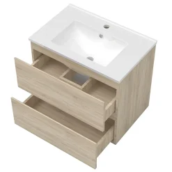 AICA Sanitaire Ensemble meuble de salle de bain 60cm, vasque céramique et LED miroir rectangulaire, chêne