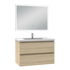 AICA Sanitaire Ensemble meuble de salle de bain 80cm, vasque céramique et LED miroir rectangulaire, chêne* Ensemble Meuble De Salle De Bains