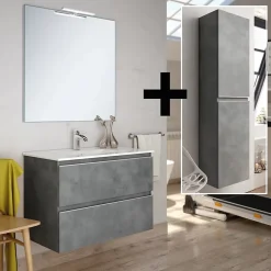 Cosyneo Ensemble meuble de salle de bain 60cm simple vasque + colonne de rangement - BALEA - ciment (gris)