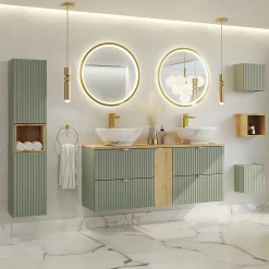 Petits-Meubles Ensemble meuble double vasque 140cm 4 tiroirs miroirs LED colonne et 3 armoires murales Jade Vert et Bois* Ensemble Meuble De Salle De Bains