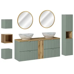 Petits-Meubles Ensemble meuble double vasque 140cm 4 tiroirs miroirs LED colonne et 3 armoires murales Jade Vert et Bois* Ensemble Meuble De Salle De Bains