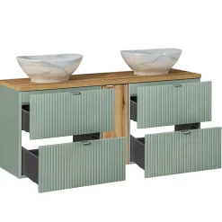 Petits-Meubles Ensemble meuble double vasque 140cm 4 tiroirs miroirs LED colonne et 3 armoires murales Jade Vert et Bois* Ensemble Meuble De Salle De Bains