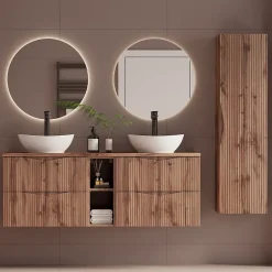 Petits-Meubles Ensemble meuble double vasque 140cm 2 niches et colonne Tao Bois* Ensemble Meuble De Salle De Bains