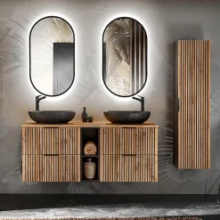 Petits-Meubles Ensemble meuble double vasque 140cm 2 niches miroirs LED et colonne Gaia Bois et Noir - Vasque Noir