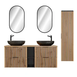 Petits-Meubles Ensemble meuble double vasque 140cm 2 niches miroirs LED et colonne Gaia Bois et Noir - Vasque Noir