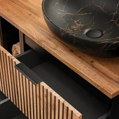 Petits-Meubles Ensemble meuble double vasque 140cm 2 niches miroirs LED et colonne Gaia Bois et Noir - Vasque Noir
