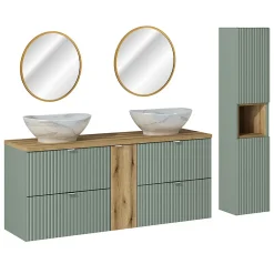 Petits-Meubles Ensemble meuble double vasque 140cm 4 tiroirs miroirs LED et colonne Jade Vert et Bois