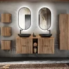 Petits-Meubles Ensemble meuble double vasque 140cm 2 niches miroirs LED colonne et 3 armoires murales Gaia Bois et Noir - Vasque Noir* Ensemble Meuble De Salle De Bains