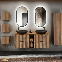 Petits-Meubles Ensemble meuble double vasque 140cm 2 niches miroirs LED colonne et 3 armoires murales Gaia Bois et Noir - Vasque Noir* Ensemble Meuble De Salle De Bains