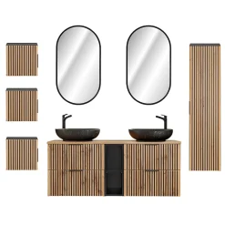 Petits-Meubles Ensemble meuble double vasque 140cm 2 niches miroirs LED colonne et 3 armoires murales Gaia Bois et Noir - Vasque Noir* Ensemble Meuble De Salle De Bains