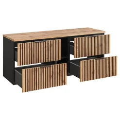 Petits-Meubles Ensemble meuble double vasque 140cm 2 niches miroirs LED colonne et 3 armoires murales Gaia Bois et Noir - Vasque Noir* Ensemble Meuble De Salle De Bains