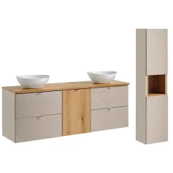 Petits-Meubles Ensemble meuble double vasque 160cm 4 tiroirs panier à linge et colonne Manoa Cachemire et Bois* Ensemble Meuble De Salle De Bains