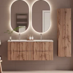 Petits-Meubles Ensemble meuble double vasque encastree 120cm et colonne Tao Bois