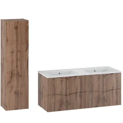 Petits-Meubles Ensemble meuble double vasque encastree 120cm et colonne Tao Bois