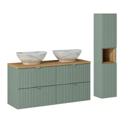 Petits-Meubles Ensemble meuble double vasque 120cm 4 tiroirs et colonne Jade Vert et Bois* Ensemble Meuble De Salle De Bains