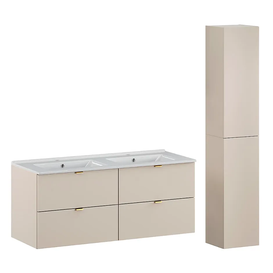 Petits-Meubles Ensemble meuble double vasque encastree 120cm et colonne Azel Cachemire