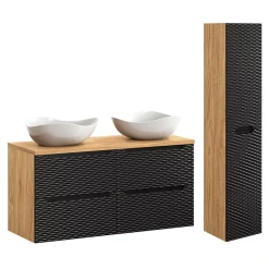 Petits-Meubles Ensemble meuble double vasque 120cm 4 tiroirs et colonne Elora Noir et bois Cloud