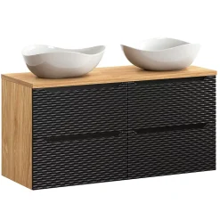 Petits-Meubles Ensemble meuble double vasque 120cm 4 tiroirs et colonne Elora Noir et bois Cloud