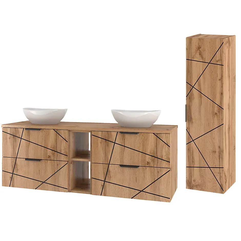 Petits-Meubles Ensemble meuble double vasque 140cm 2 niches et colonne Teren Bois* Ensemble Meuble De Salle De Bains