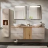 Petits-Meubles Ensemble meuble double vasque 160cm 4 tiroirs panier à linge miroirs LED et colonne Manoa Cachemire et Bois