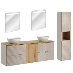 Petits-Meubles Ensemble meuble double vasque 160cm 4 tiroirs panier à linge miroirs LED et colonne Manoa Cachemire et Bois