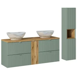 Petits-Meubles Ensemble meuble double vasque 140cm 4 tiroirs et colonne Jade Vert et Bois* Ensemble Meuble De Salle De Bains