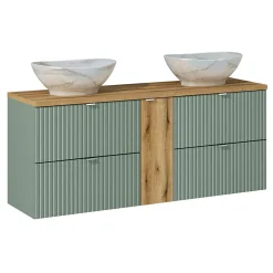 Petits-Meubles Ensemble meuble double vasque 140cm 4 tiroirs et colonne Jade Vert et Bois* Ensemble Meuble De Salle De Bains