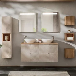 Petits-Meubles Ensemble meuble double vasque 120cm 4 tiroirs miroirs LED colonne et 3 armoires murales Manoa Cachemire et Bois